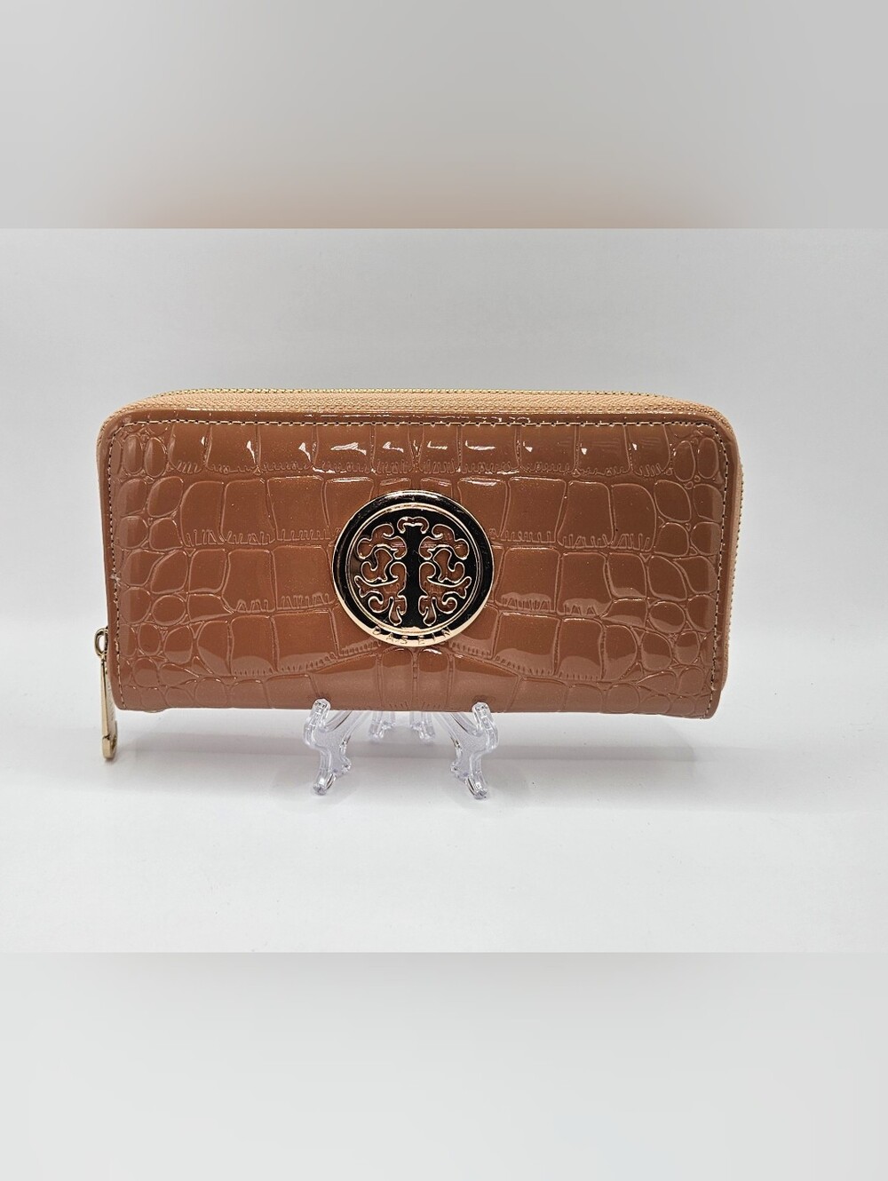 Dasein, Brown Croc-Embossed Zip Wallet with Gold Tone Emblem & Zipper